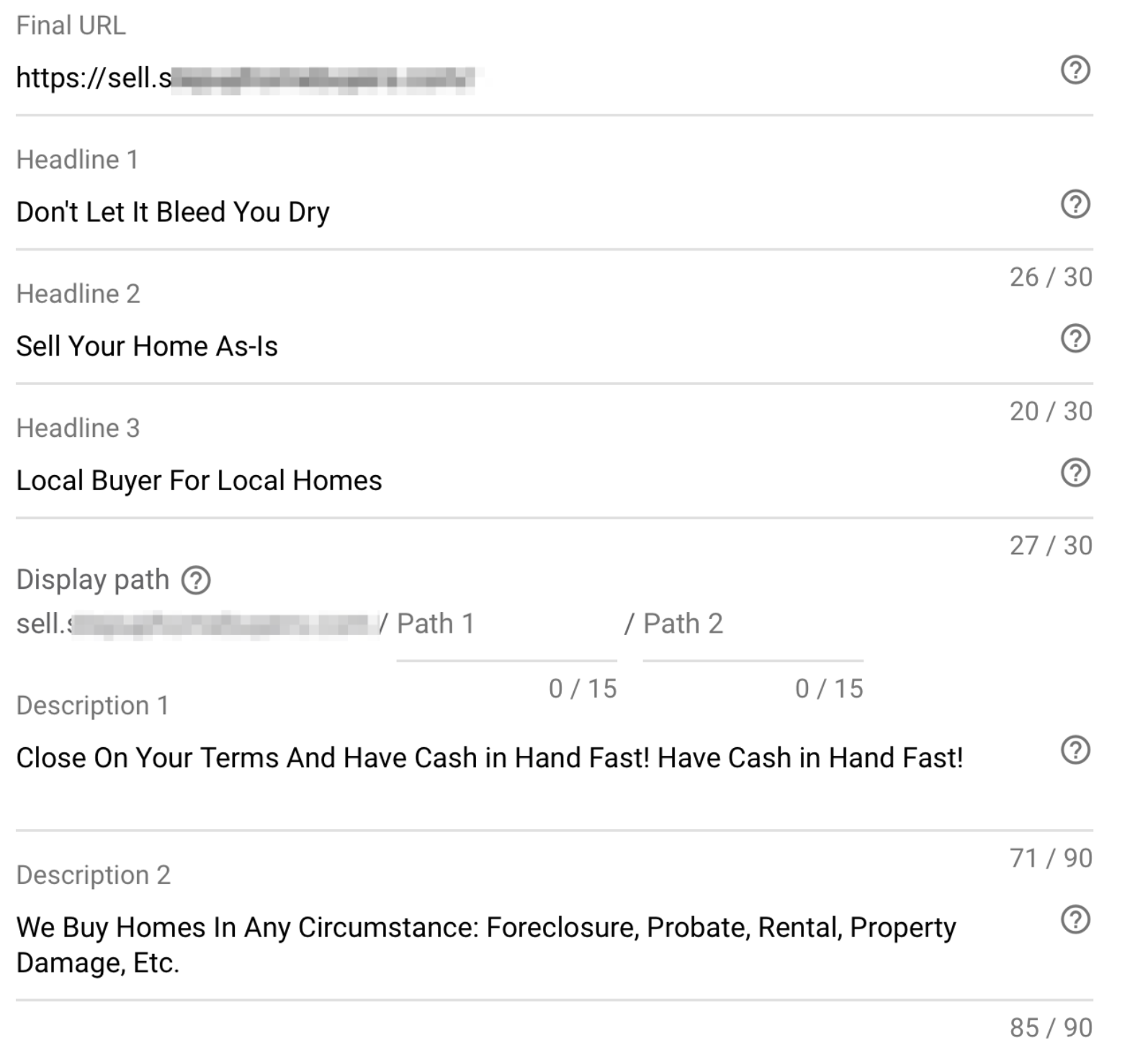 ad creation screen for an expanded text ad